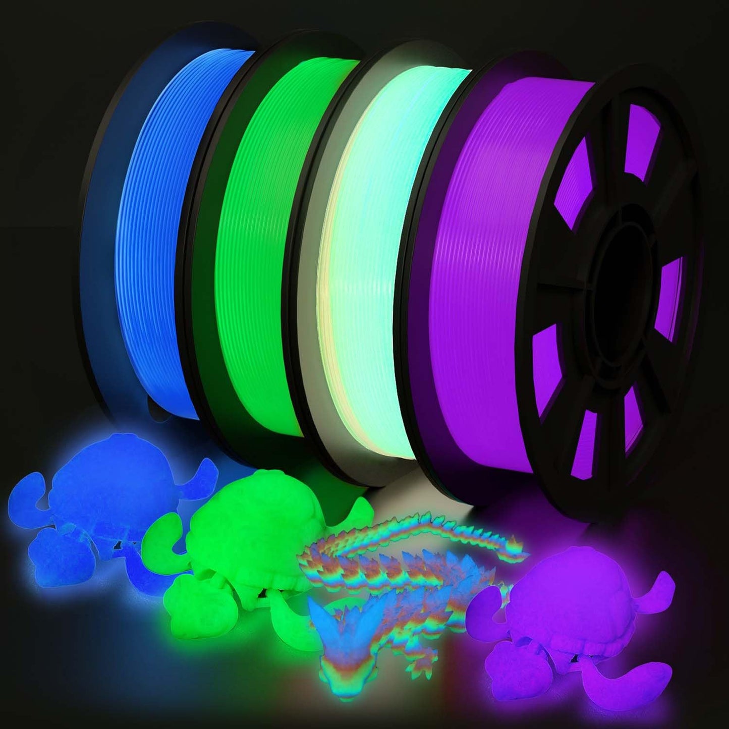 YOUSU 3D Printer Filament Bundle, Glow in The Dark Filament Multicolor, Green, Blue, Purple and Rainbow, PLA Filament 1.75 mm, D