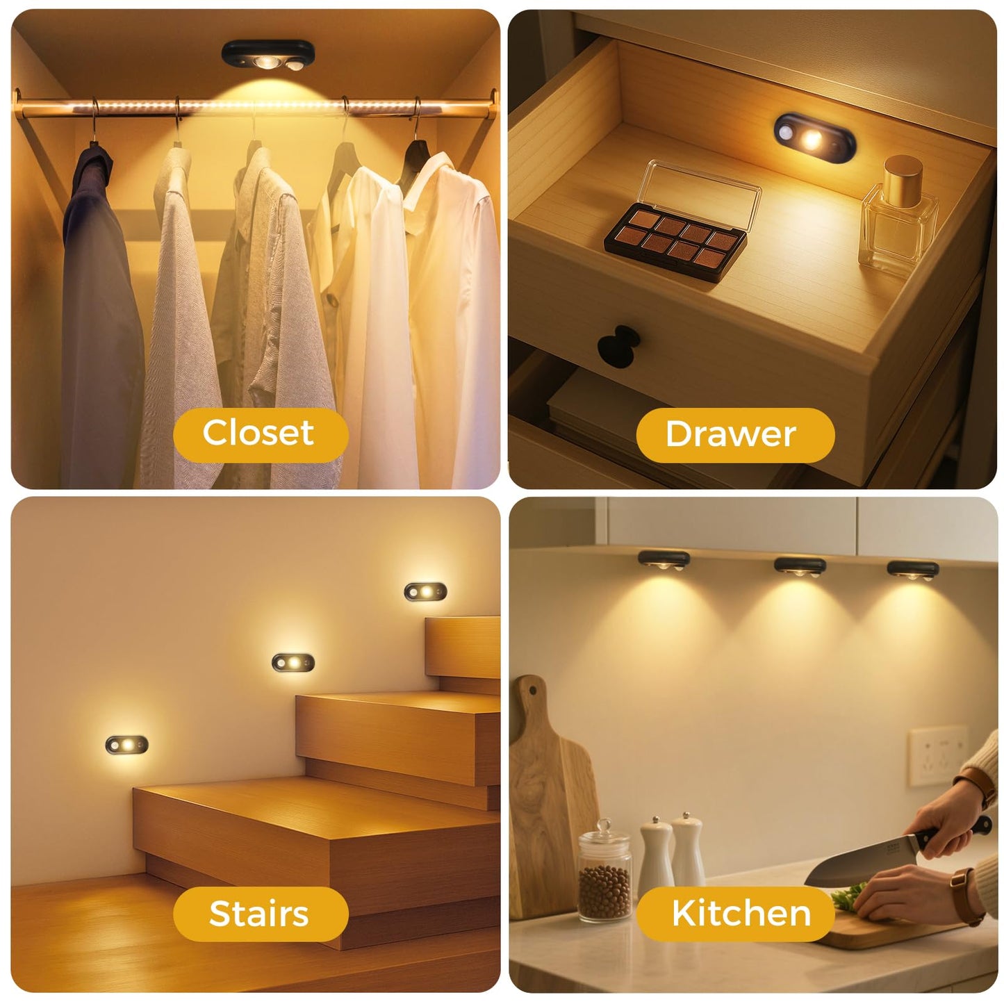 Glaresbot Led Motion Sensor Puck Lights Small Rechargeable Under Cabinet Light Dimmable Warm White Closet Lights Wireless Under Cabinet Lighting For Drawer Kitchen (6 Pack)
