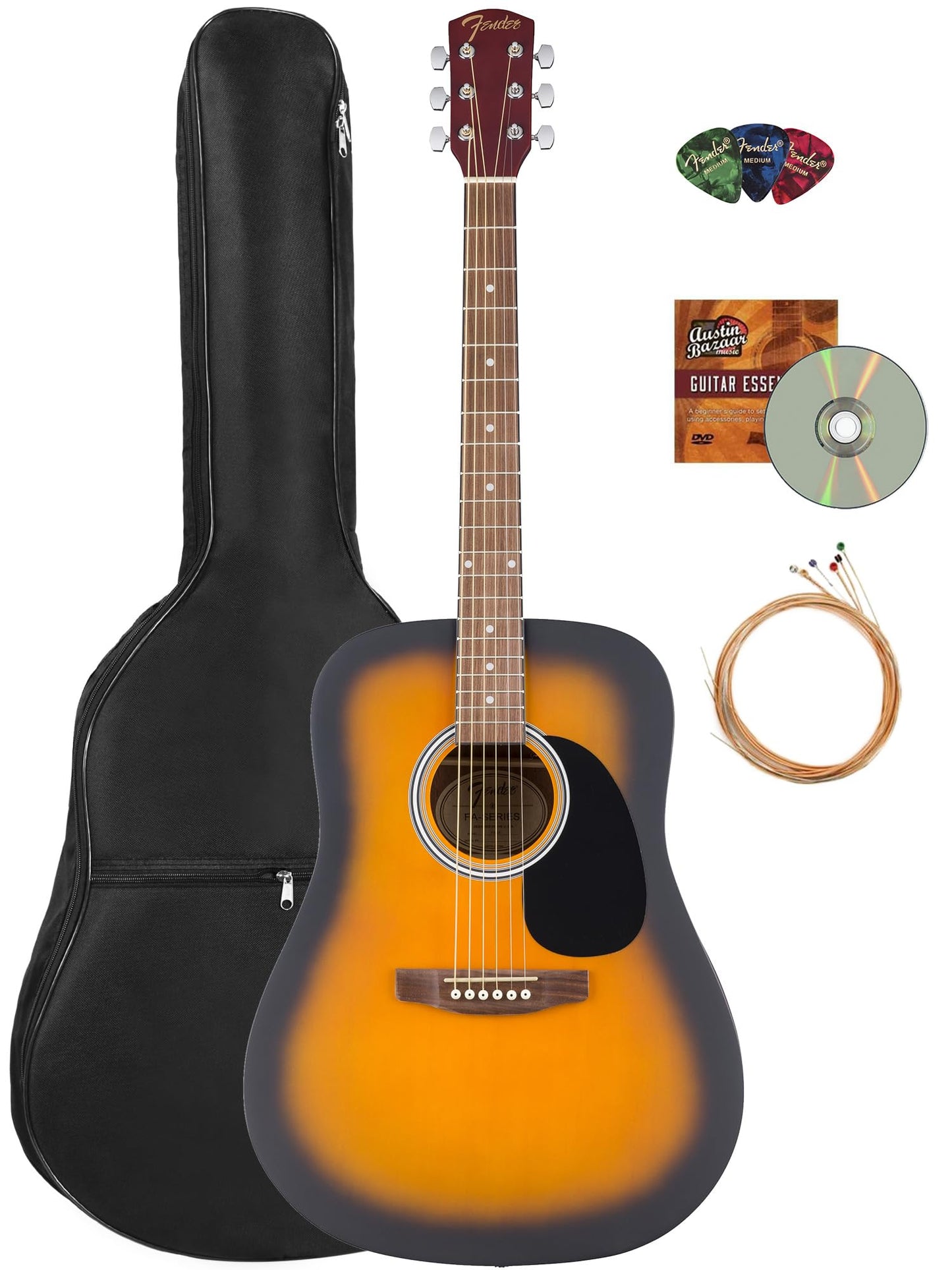 Fender FA Series Dreadnought Acoustic Guitar - 2-Color Sunburst Bundle with Gig Bag, Strings, Picks, and Austin Bazaar Instructi