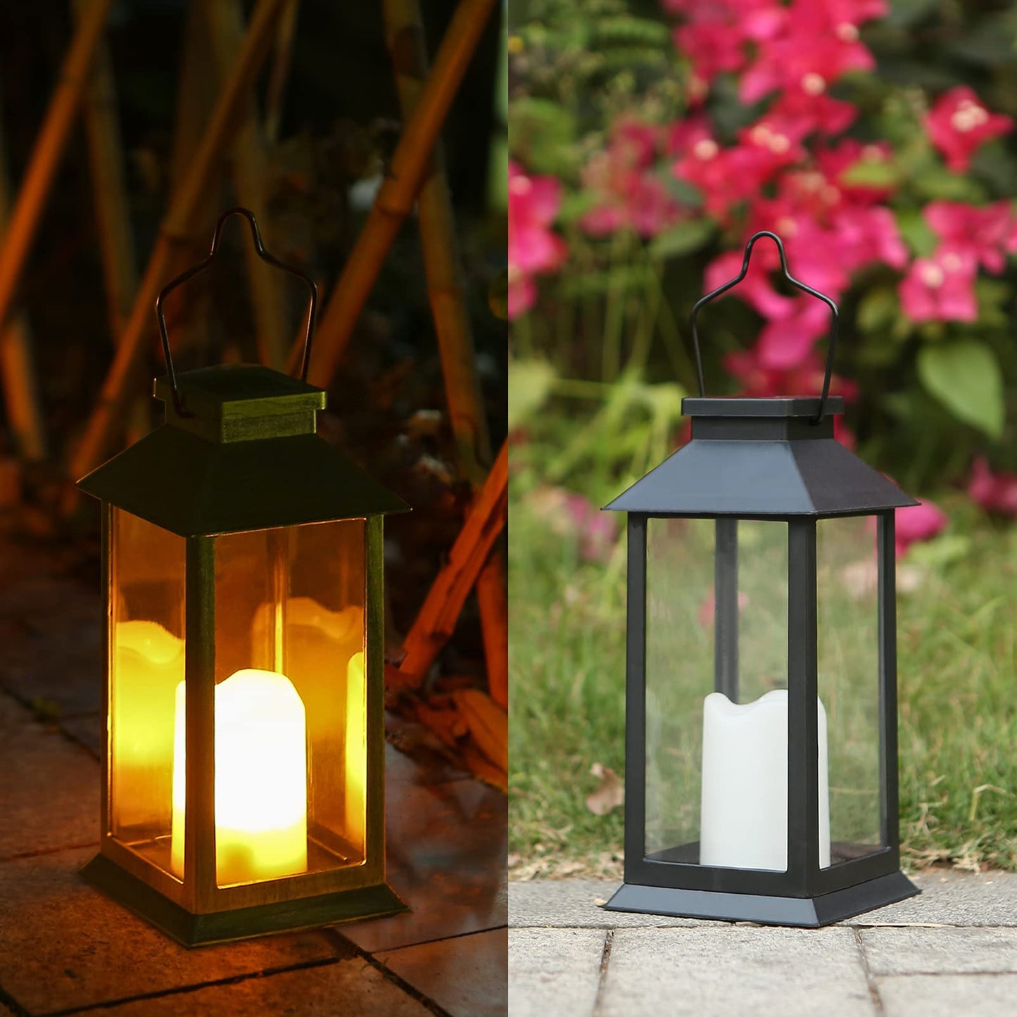 Tomshine Solar Lanterns 2 Pack, 11.8 Led Flameless Candle Lights, Outdoor Hanging, Black
