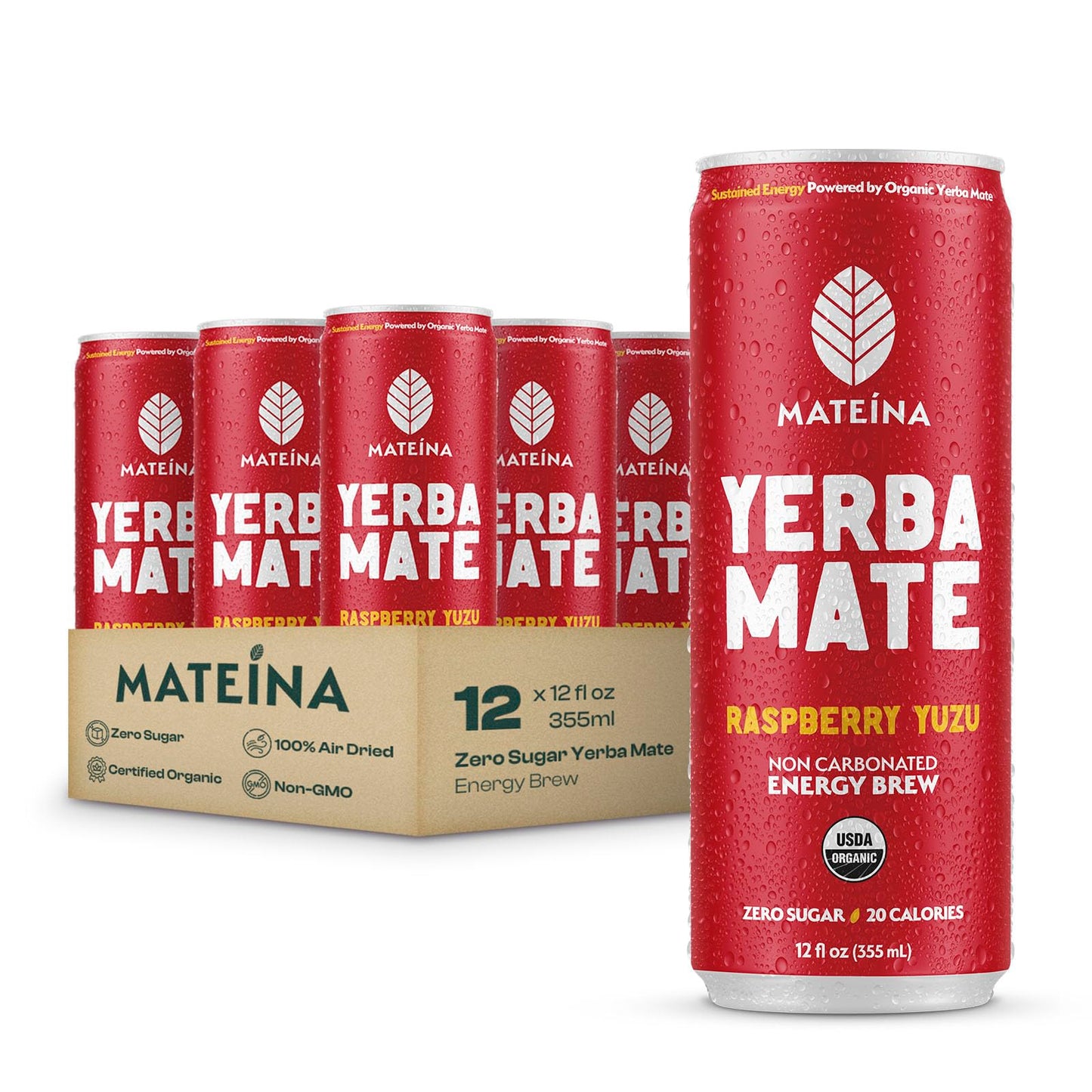 Mateina Yerba Mate Zero Sugar Energy Drink - 120mg Natural Caffeine - Organic Non-GMO Non-Carbonated - Dr. Andrew Huberman Recommended - 12 Pack (12oz Cans) (12 Pack Raspberry Yuzu)
