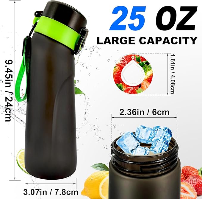 Air Water Bottle with Flavor Pods, 25 OZ Tritan Sports Water Bottle with Straw, Scented Water Bottle with Handle (Black Green+8 Flavor Pods)