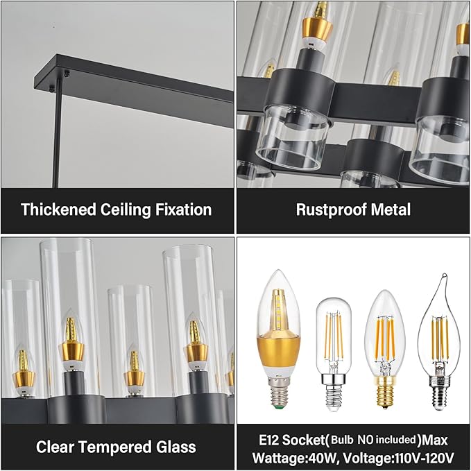 Black Kitchen Island Lighting- 16-Light Linear Chandelier, Adjustable 54'' Modern Farmhouse Rectangle Pendant Light Fixtures, Dining Room, Bedroom