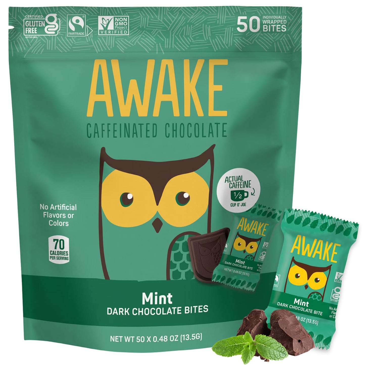 AWAKE - Caffeinated Chocolate Bites - Mint Dark Chocolate 50 Bites - 50mg Caffeine - Individually Wrapped Energy Bites - Coffee Alternative - Fairtrade Gluten Free Non GMO - 0.48oz