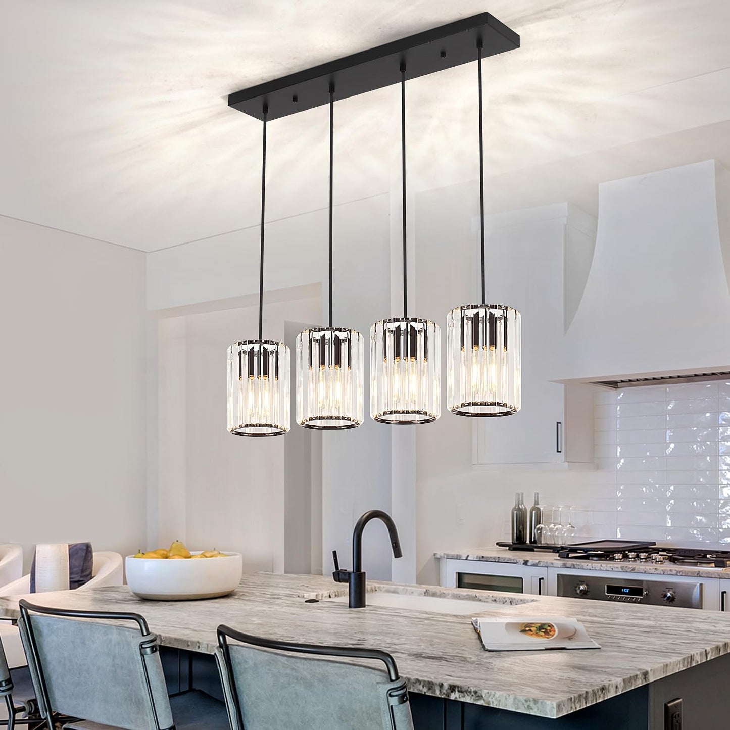 Crystal Kitchen Island Lights 4-Light Modern Chandeliers For Dining Room Kitchen Pendant Lighting Over Island Adjustable Height Ceiling Hanging Lights For Kitchen Bedroom Entryway Bathroom