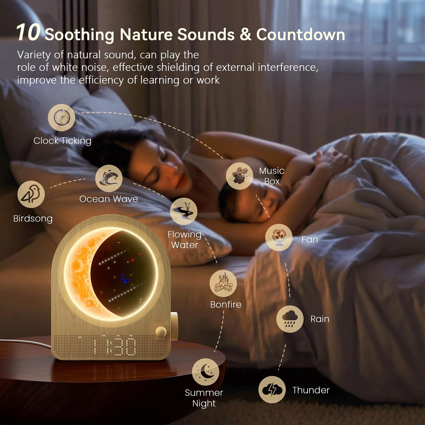 Blonbar Sunrise Alarm Clocks For Bedrooms Stepless Dimmable Moon Lamp Dual Alarm Clock Wake Up Light With 12Levels Volume For Heavy Sleepers 10 Natural Sounds With Timer Gifts For Women