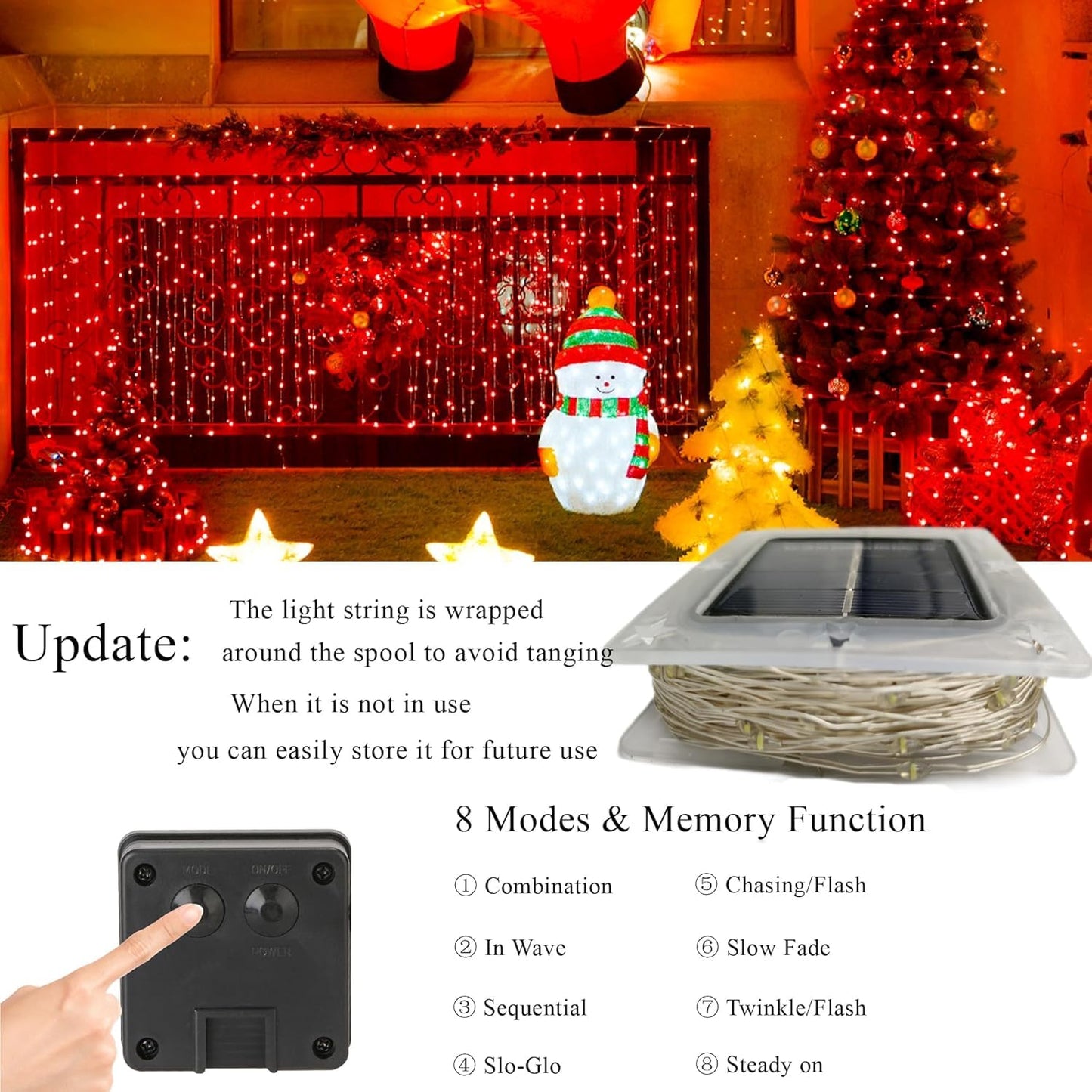 Lomotech Solar String Lights - 200LED Fairy Lights, 66ft, Waterproof, 8 Modes, Copper Wire, Red, Model LO-S100-007-2, 2 Pack