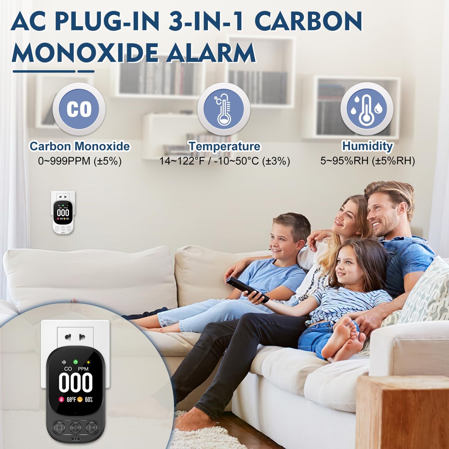 Lunarlipes Carbon Monoxide Detectors Plug in, 3-in-1 CO Detector with Temp/Hum Sensor, Portable Travel Carbon Monoxide Alarm with 85dB Alarm, Real-Time CO Monitor Easy to Read & Install (Black-1 Pack)