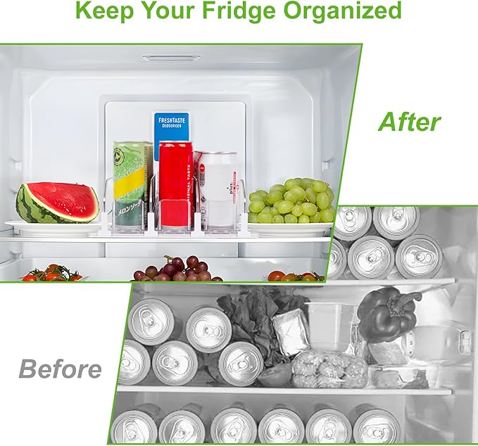 Drink Organizer for Fridge, Refrigerator Can Organizer, White Automatic Pusher Glide Drink Dispenser for Fridge, Soda Bottle holder for refrigerator, Holds up to 15 Cans, 3 Row