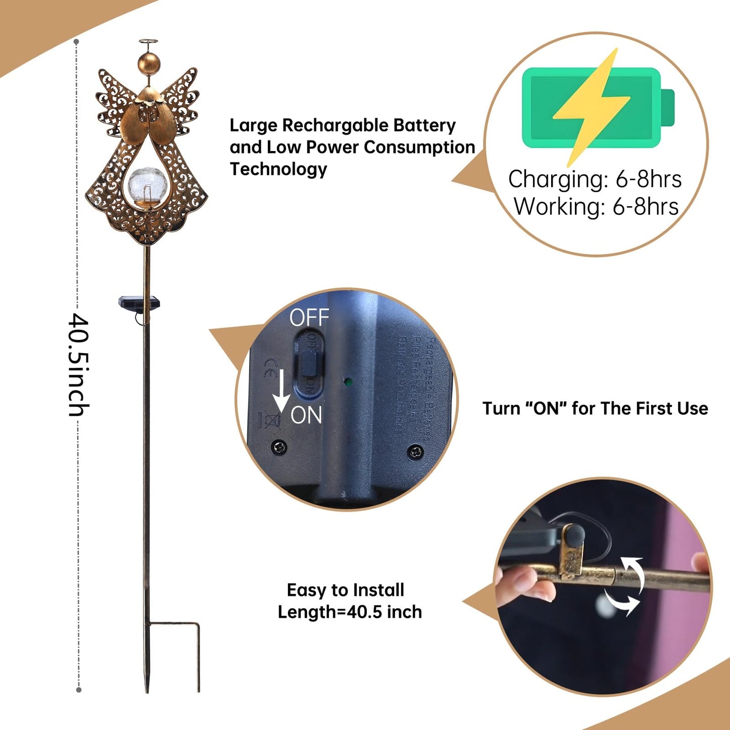 Starryfill Solar Lights Angel Stake with le Glass Globe, 40.5in Metal Bronze Garden Decor, Warm White LED