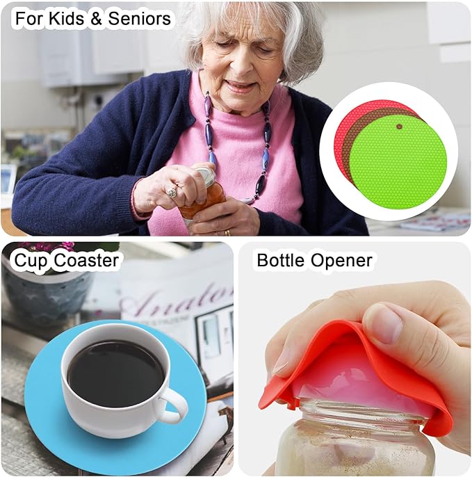 uxcell 3pcs Silicone Jar Opener Pads, 17.5cm/7" Texture Can Opener Multipurpose Round Bottle Lid Opener Non-Slip Coasters for Weak Hands Seniors Children, Red, Brown, Green