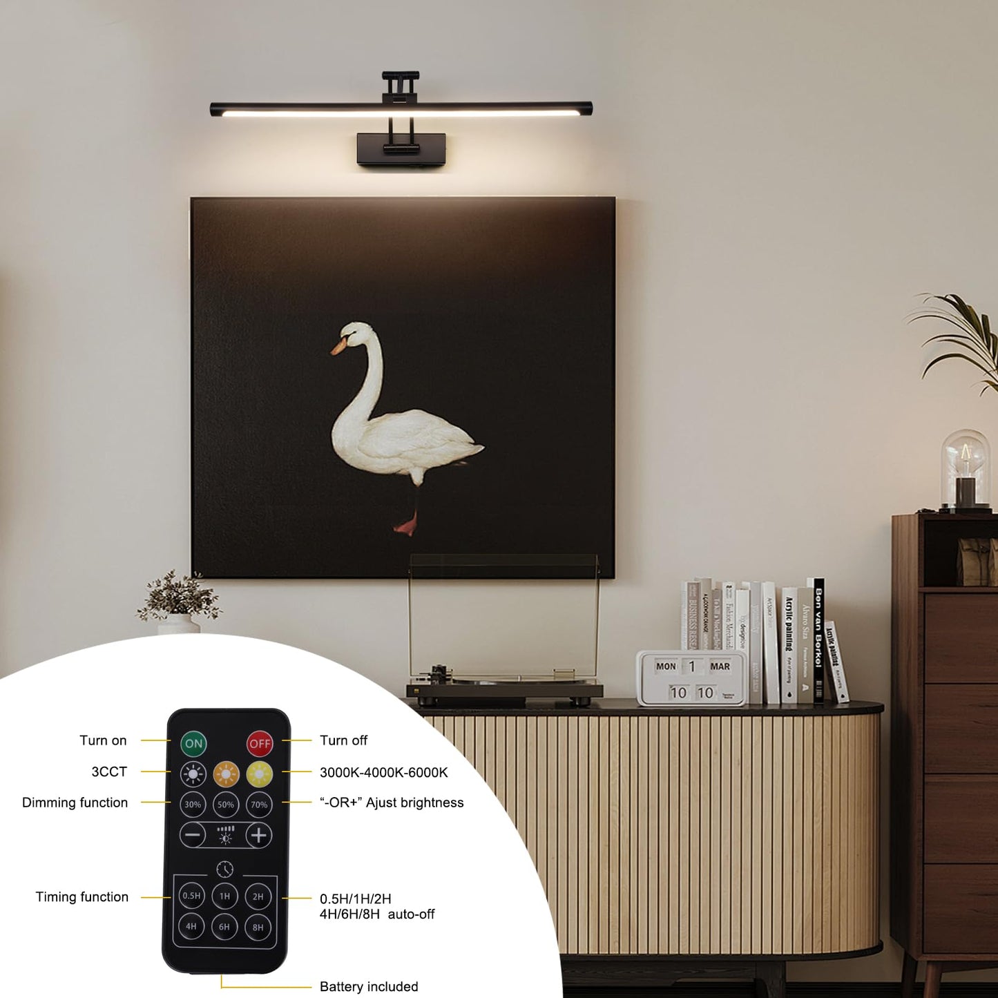 Yumcrelect Led Battery Operated Picture Lights With Remote Wireless Art Lighting For Wall 23.6 Inch Rechargeable discomfort-reducingting Light Black Frame Lights Dimmable 3Cct Gallery Light For Library Portrait
