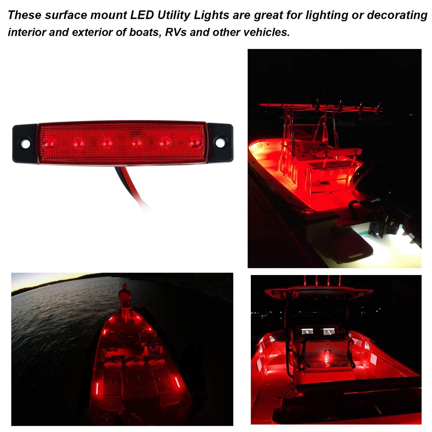 PSEQT LED Boat Interior Lights - Waterproof Courtesy Light Strip - Red - 10PCS - PC Lens for Fishing, Pontoon, Kayak, Yacht, Sailboat