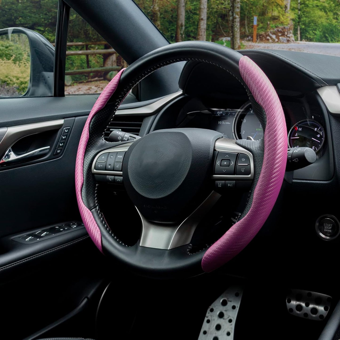Amiss Carbon Fiber Anti-Skid Steering Wheel Cover, Universal 99% Car Wheel Cover Protector, Pink