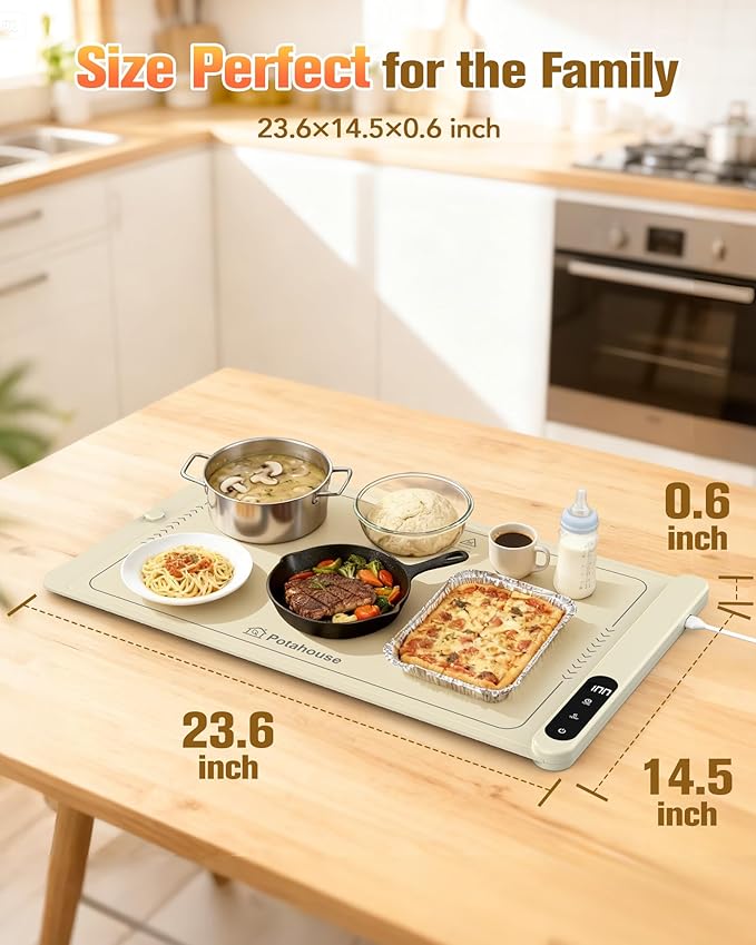Potahouse® Warming Mat for Food, Graphene Full-Surface Fast Heating, Electric Warming Tray with 6 Temp & Timer Settings, Rollable & Portable Silicone Food Warmer for Parties, Home and Travel, Apricot