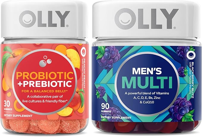 OLLY Probiotic + Prebiotic and Men’s Perfect Multi Starter Pack Bundle, Live Cultures & Friendly Fiber, Vitamins A, D, C, E, Bs, Zinc & CoQ1030, 30 and 90 Count