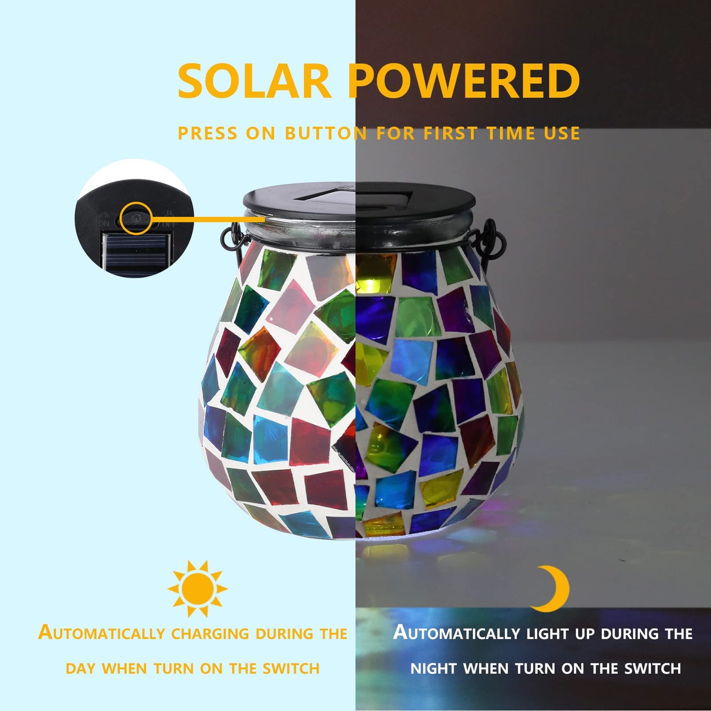 Afirst Mosaic Solar Lantern - Glass Hanging Waterproof Table Lamp for Garden, Patio, Holiday Party - Cube Model 4431890
