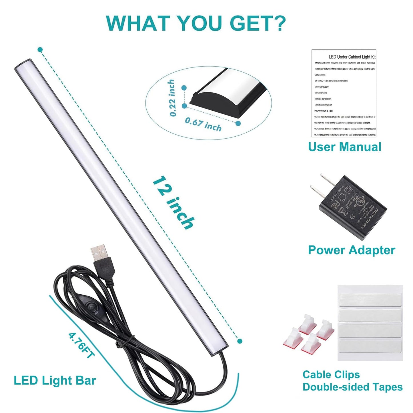Jusjubr Black Under Cabinet Lighting Plug In Under Counter Lights 12 Inch Dimmable Led Light Bar Under Cabinet Lights For Sink Counter Desk Cold White 6000K