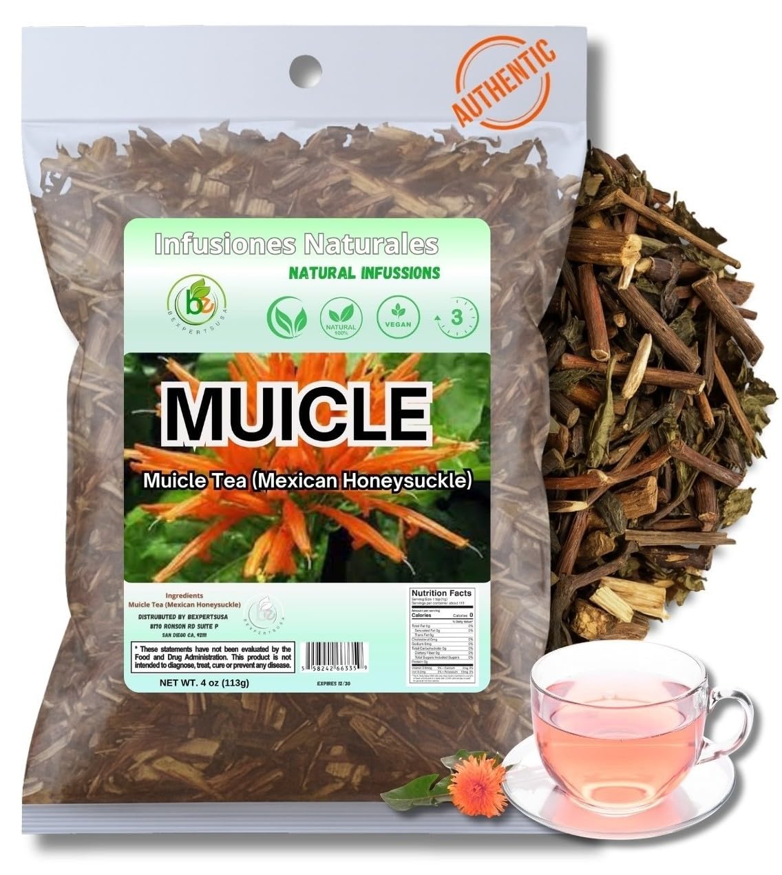 Muicle Herbal Tea (Mexican Honeysuckle) - 4 oz Loose Leaf - 100% Natural Wildcrafted Vegan Non-GMO Gluten-Free Caffeine-Free - Authentic Mexican Herbal Infusion - by BexpertsUSA