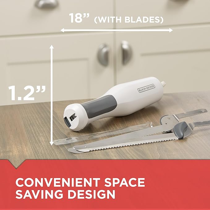 BLACK+DECKER 9 inch Electric Carving Knife, Comfort Grip Handle & Safety Lock Button, Stainless Steel Blades and Dishwasher Safe Parts, Corded, White
