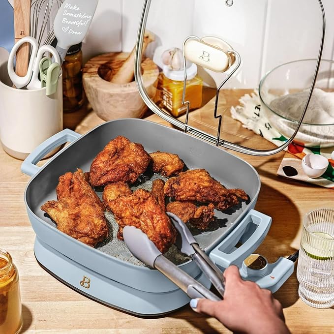 Beautiful 5-in-1 Electric Skillet 7QT, Cast Aluminum Extender, Nonstick, 1500W, Dishwasher-Safe Lid, Slow Cook, Steam (Cornflower Blue)