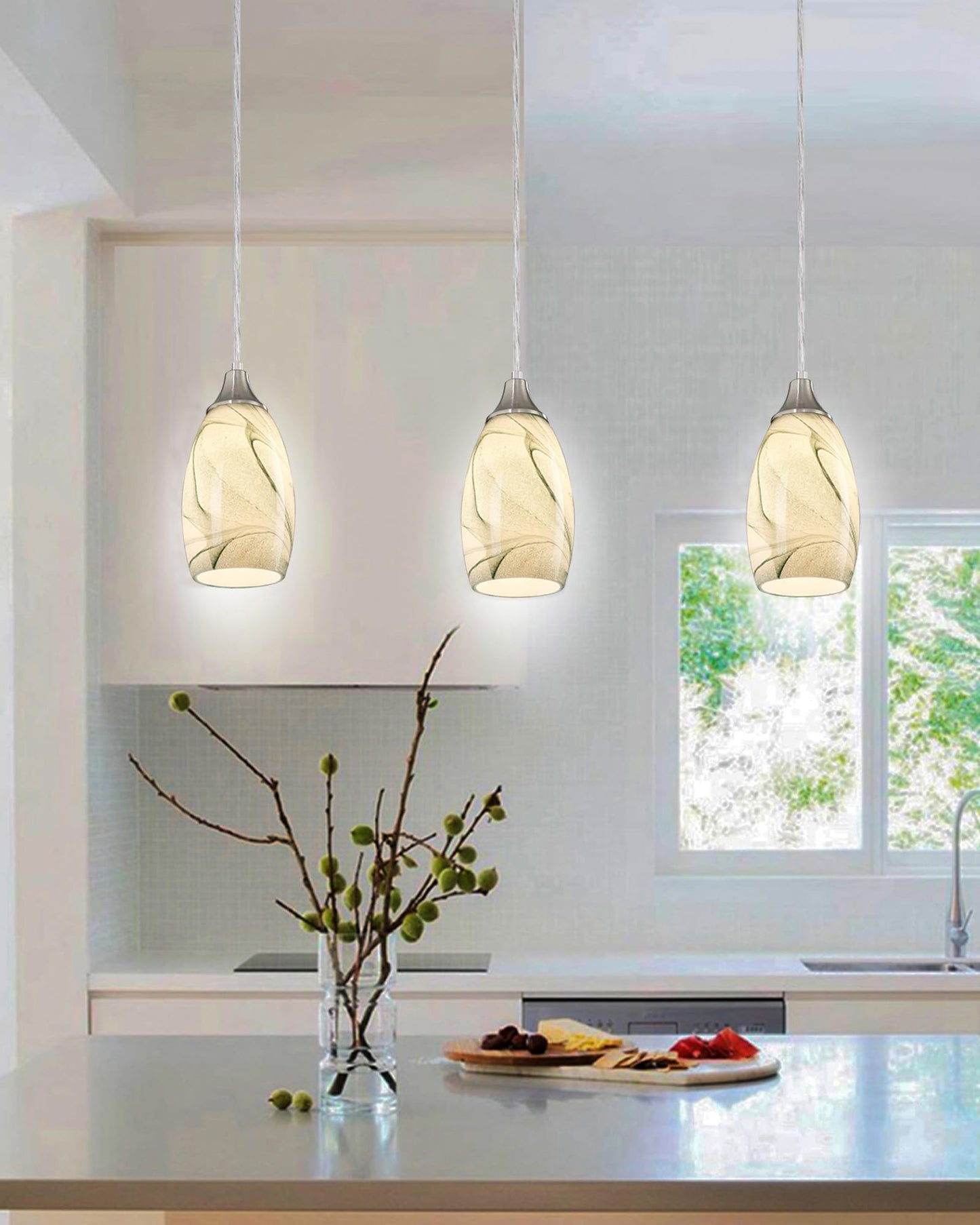karyfine Mini Pendant Light Hand Blown Glass Shade Brush Nickel Finish Green Marble 1039AP