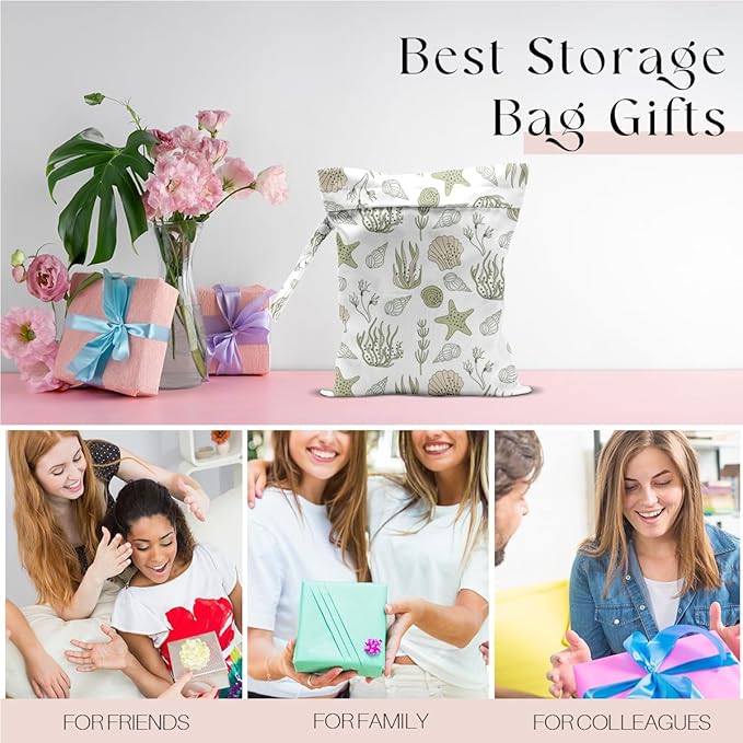 Wet Bag for Swimsuit, Beach Travel Essentials Wet Dry Bag, for Sunscreen Toiletry Dirty Clothes Yoga Gym Diaper, Friends Summer Beach Vacation Gifts. Starfish shells seaweed