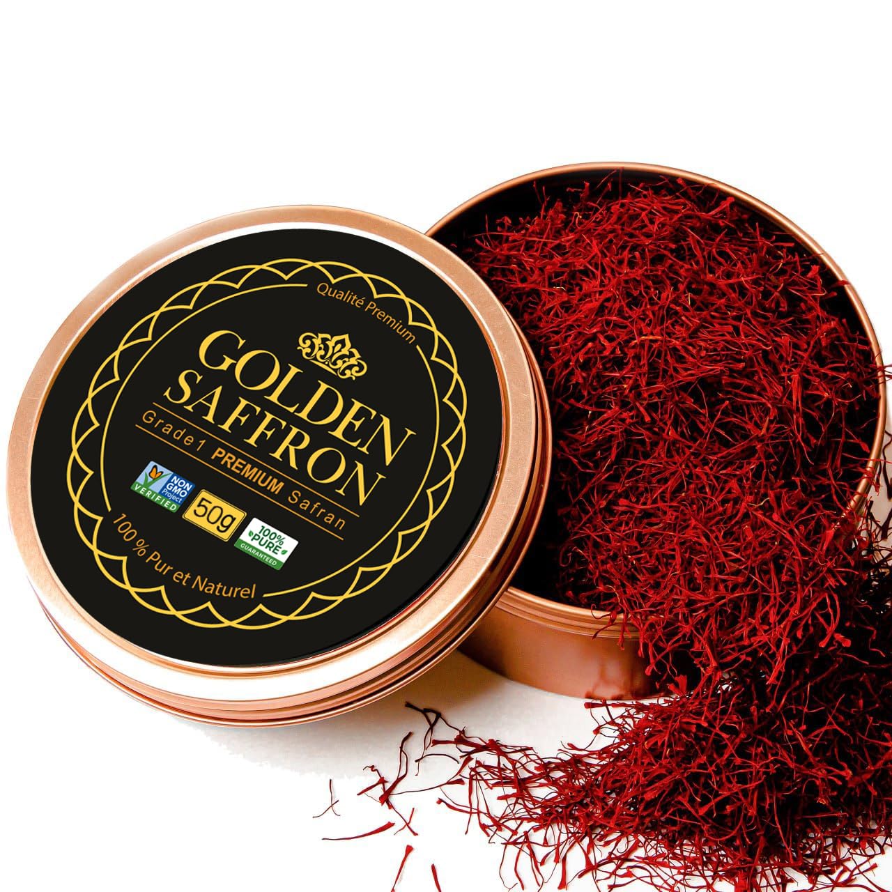 Golden Saffron Finest Pure enhanced All Red Saffron Threads Grade A+ Super Negin Non-GMO Verified. For Tea Paella Rice Desserts Golden Milk and Risotto (50.0 Grams)