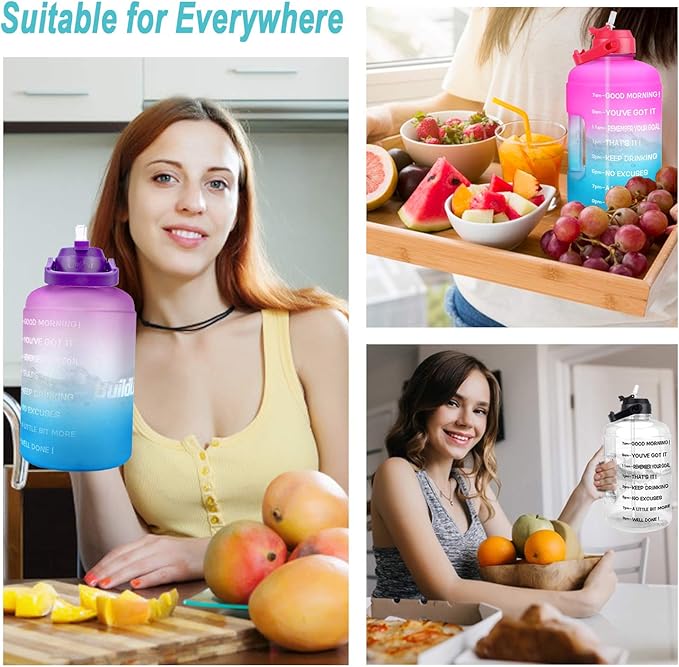 QuiFit 1 Gallon Water Bottle - with Straw & Motivational Time Marker Leak-Proof BPA Free Reusable Gym Sports Outdoor Large(128OZ) Capacity Water Jug(Pink/Blue Gradient,1 Gallon)