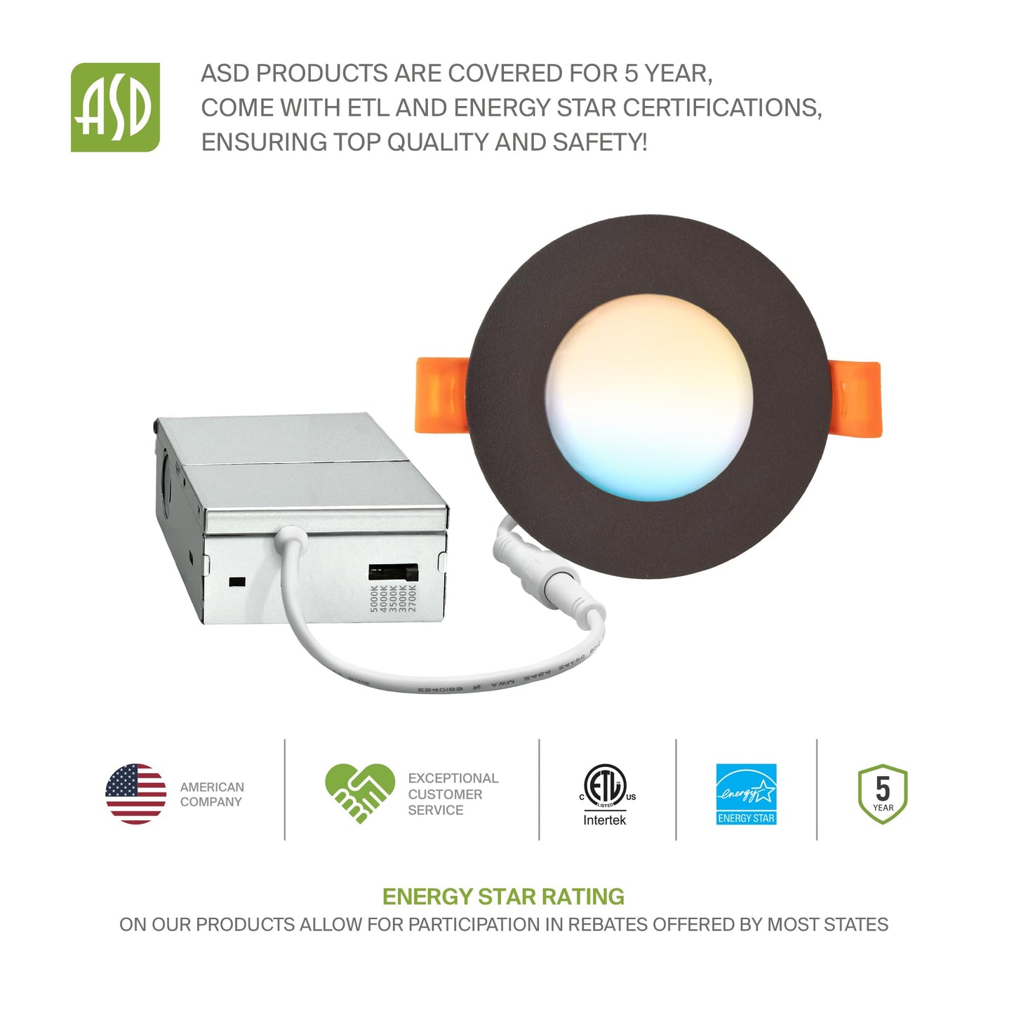 Asd 6 Pack 3 Inch Led Recessed Light 6W 5 Cct 2700K-5000K Cri90+ Ic Rated Ultra Thin Dimmable Ceiling Lights With J Box Canless Wafer Downlight Round Slim Panel Lighting Energy Star Etl Bronze