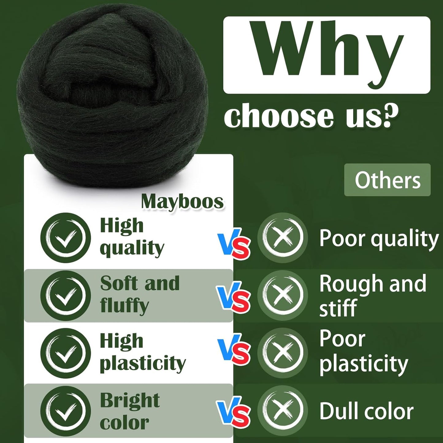 Mayboos Wool Roving Yarn, 1.76oz Colored Natural Wool Roving,Wool Felting Supplies Pure Wool Chunky Yarn for Wet Felting handcrafts and Spinning (Dark Green Color)
