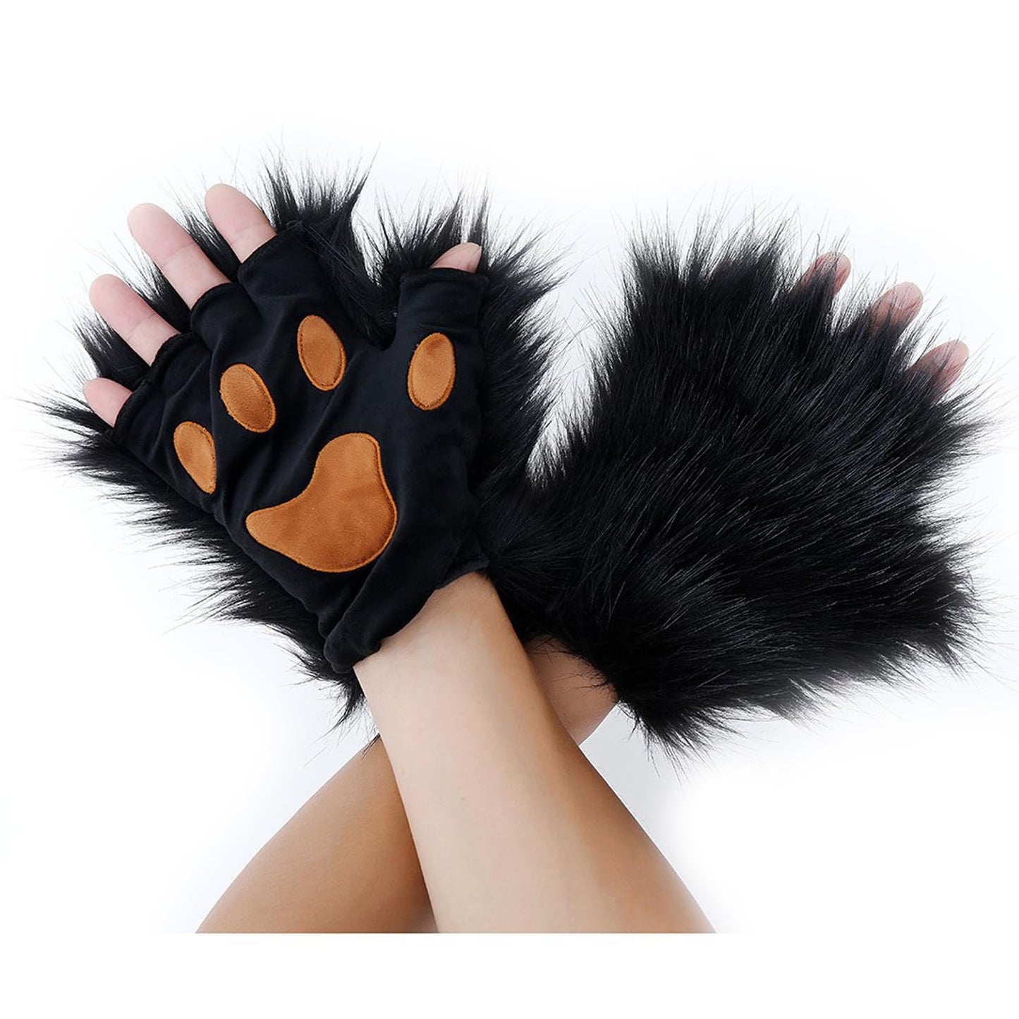 Fuzzy Faux Fur Paw Gloves, Women Men Halloween Costume Bear Cat Claw Mittens Cosplay Party Wolf Dog Paw Gloves Dress Up Props Winter Thick Warm Plush Half Finger Mitts Hand Warmer Black