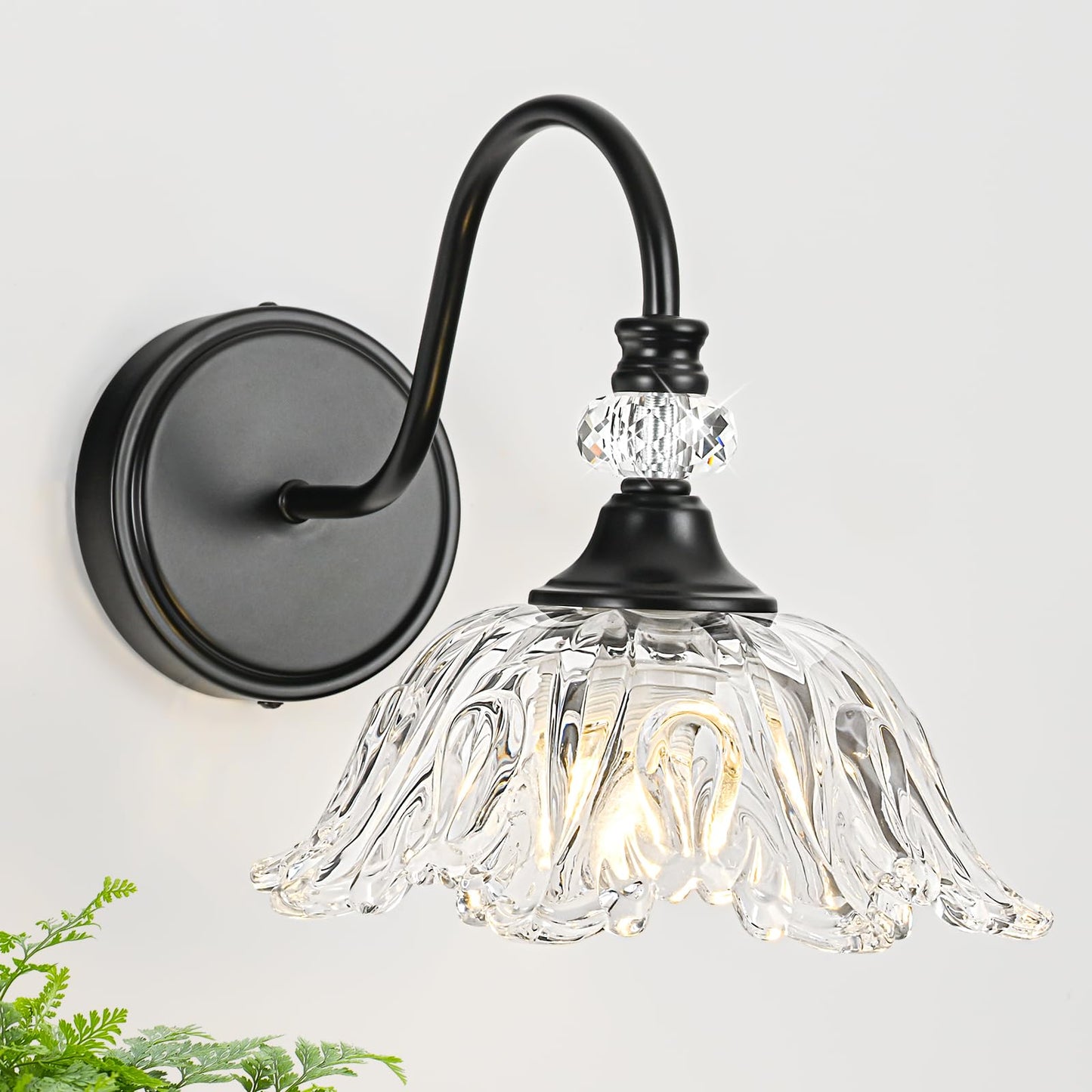 Sunkryster 1 Piece Black Wall Sconce With Floral Clear Glass Shade Black Farmhouse Wall Mount Lighting For Bathroom Vintage Bathroom Vanity Light Fixture