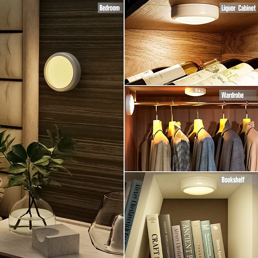 HELPLEX LED Puck Lights 16 Colors Dimmable Battery Powered Mini Night Light with 2 Remote Controls, 6 Pack, No Battery Included
