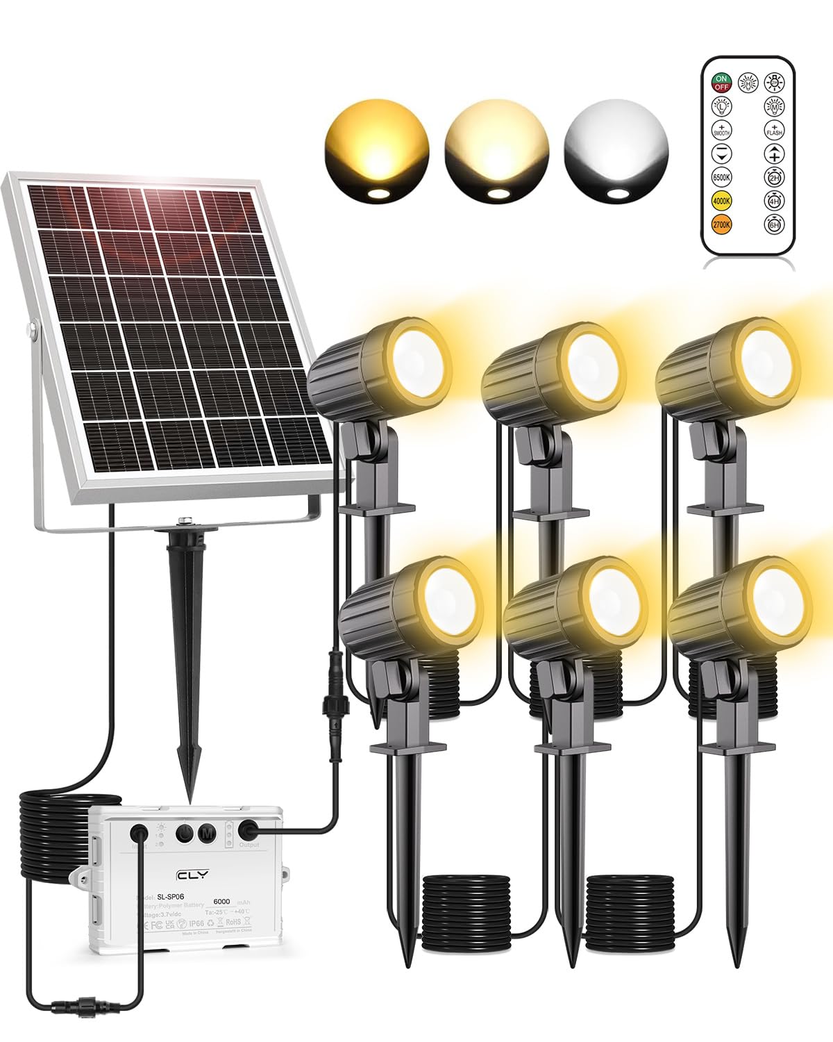 CLY 6 in 1 Solar Spotlights Landscape Outdoor Garden, Solar Spotlights IP66 Waterproof Landscape Lighting with Remote 18M Cable
