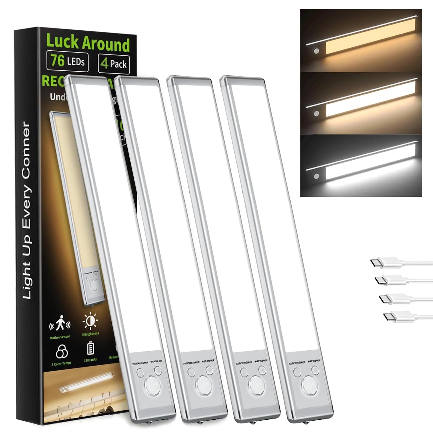 LUCK AROUND 4 Pack Under Cabinet Lighting, Rechargeable Motion Sensor Light Indoor