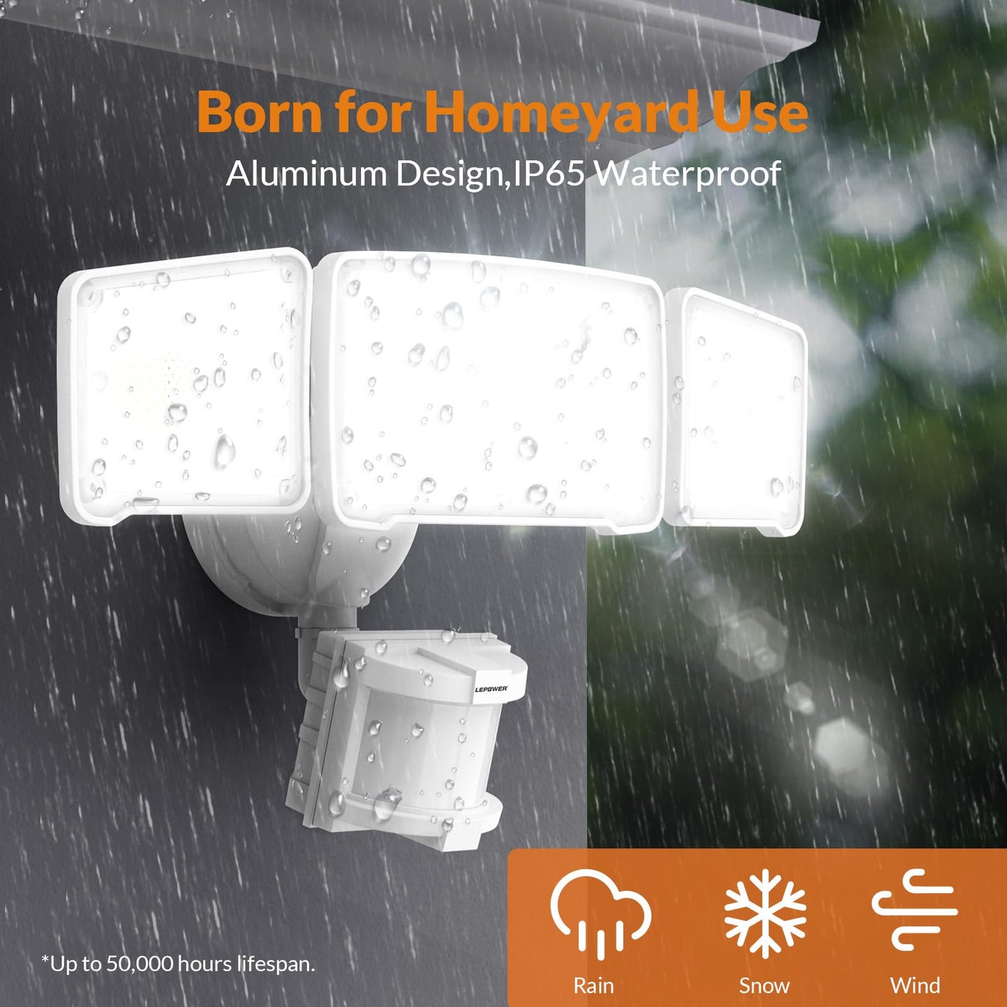 LEPOWER LED Security Light, 38W 4200LM, 5500K, IP65 Waterproof, 3 Head Motion Sensor, Outdoor, White, Model YY02A-WH