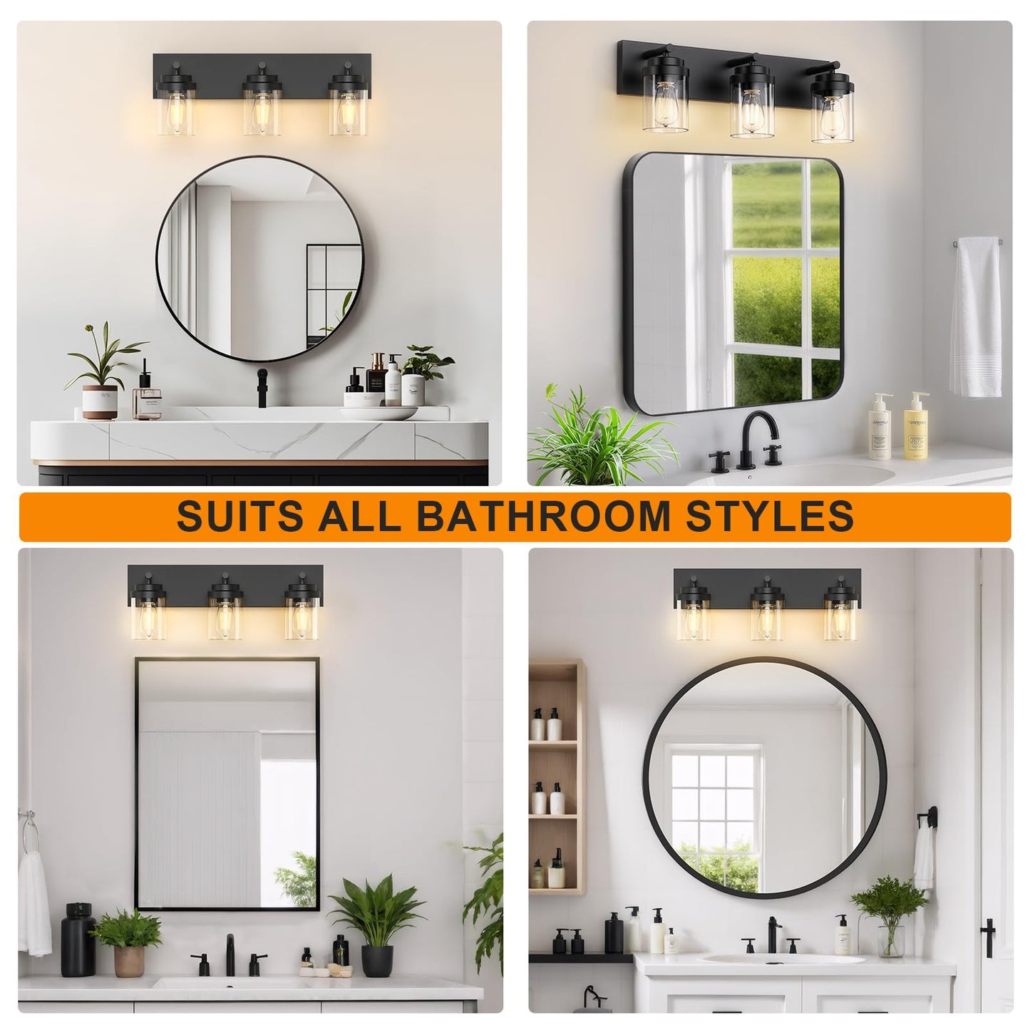 Izorro Bathroom Vanity Light Fixture 3-Light 22 Inch Matte Black Bathroom Light Fixtures Over Mirror With Clear Glass Shade Modern Farmhouse Vanity Lights Rustic Restroom Lighting Fixtures
