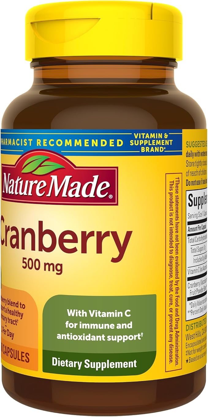 Nature Made Cranberry Supplement 500mg with Vitamin C for Immune & Antioxidant Support, Cranberry Blend for Urinary Tract Health, One Per Day, 60 Capsules