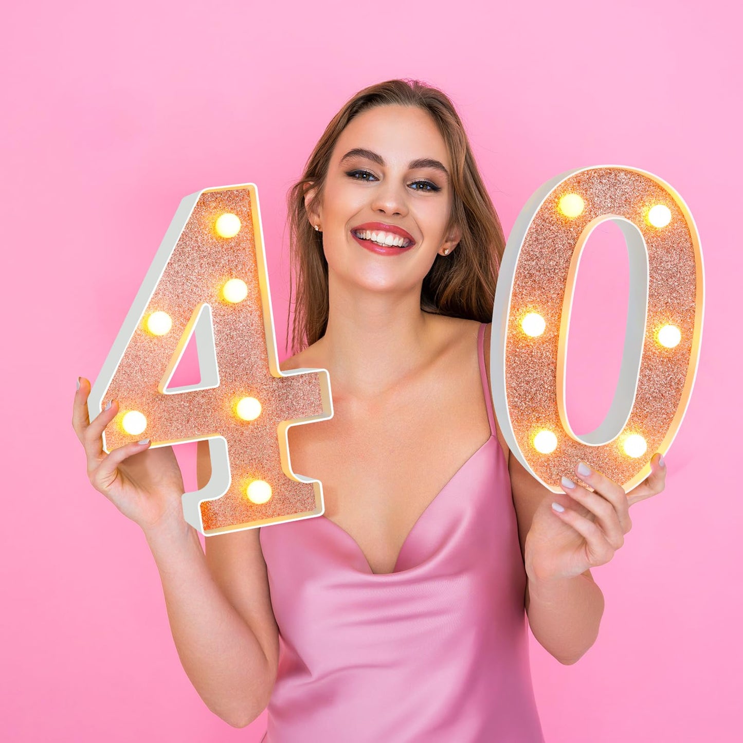 Treela 8.7 Birthday Decorative Led Light Up Numbers Glitter Marquee Number Sign For Night Birthday Party Decorations Anniversary Bar Led Sign Backdrop Wall Table Centerpieces(40Th Rose Gold)