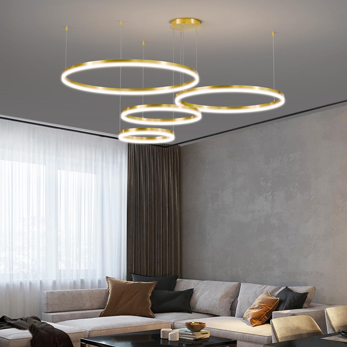 Matven Modern Ceiling Chandelier Light, Remote Control, Dimmable 3 Color Mode, 11.8+15.7+23.6+31.4in, Gold, Model KD