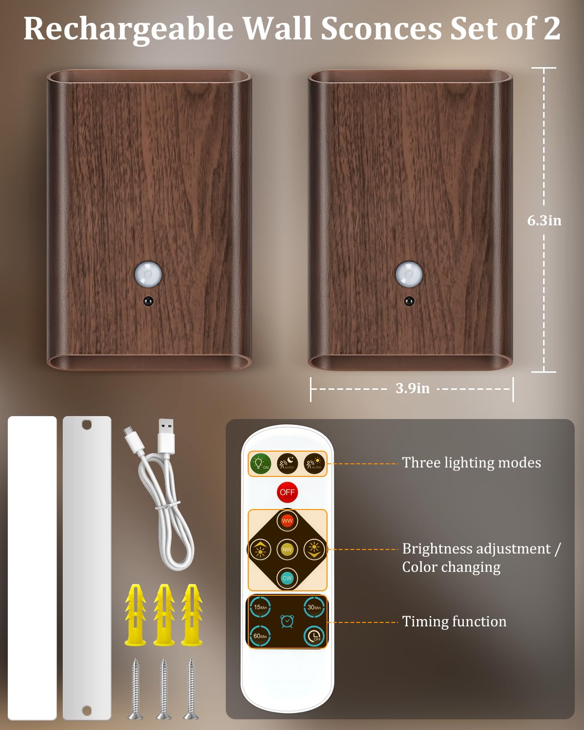 Fizrice Motion Sensor Wall Lights Wood - Decor Light Battery Operated Led Light Indoor Set Of 2 Rechargeable Light Easy Installation Gifts For Tenant New Home Apartment Rv(Wood 2Pcs)
