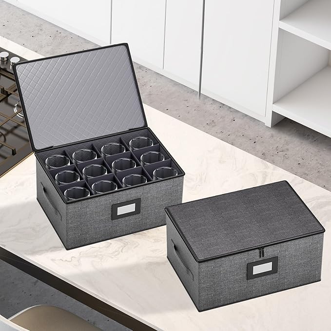 Aokeyee Wine Glass Storage Box Containers with Dividers - 2 Pack Stemware Storage Cases for 24 Crystal Glasses, Drinkware, Hard Shell for Moving & Protection(17'' x 13'' x 11'', Grey)