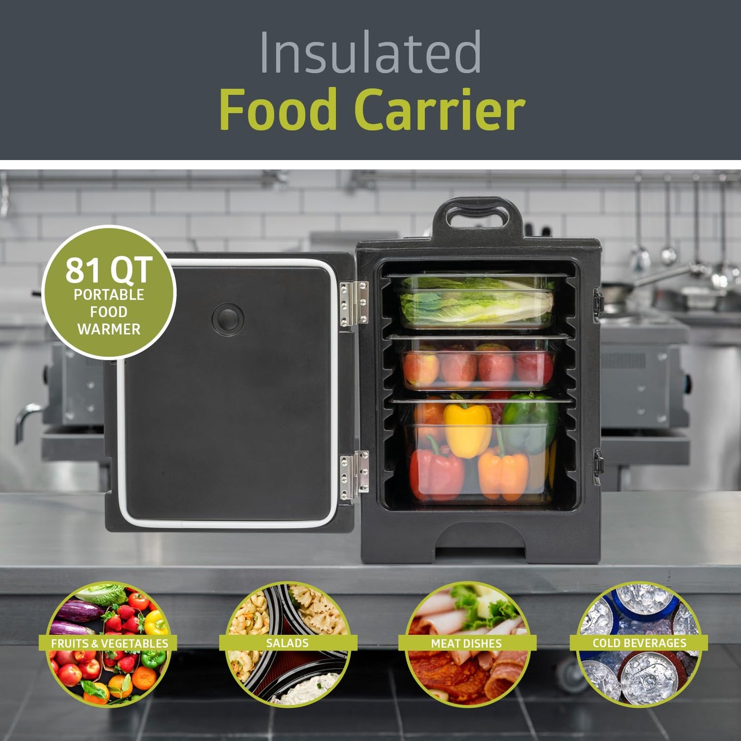 Pearington 81 Quart End-Loading Insulated Food Pan Carrier for 5 Full-Size Pans, Black, 2 Pack