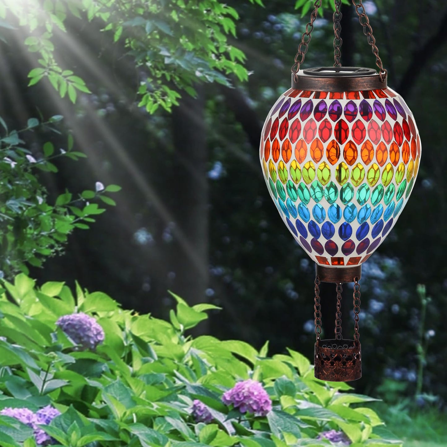 Voreen Hot Air Balloon Solar Lantern Handmade Mosaic Solar Outdoor Hanging Wind Light Waterproof Patio Festive Decor Gift For Mom Wife Friend Rainbow Pattern