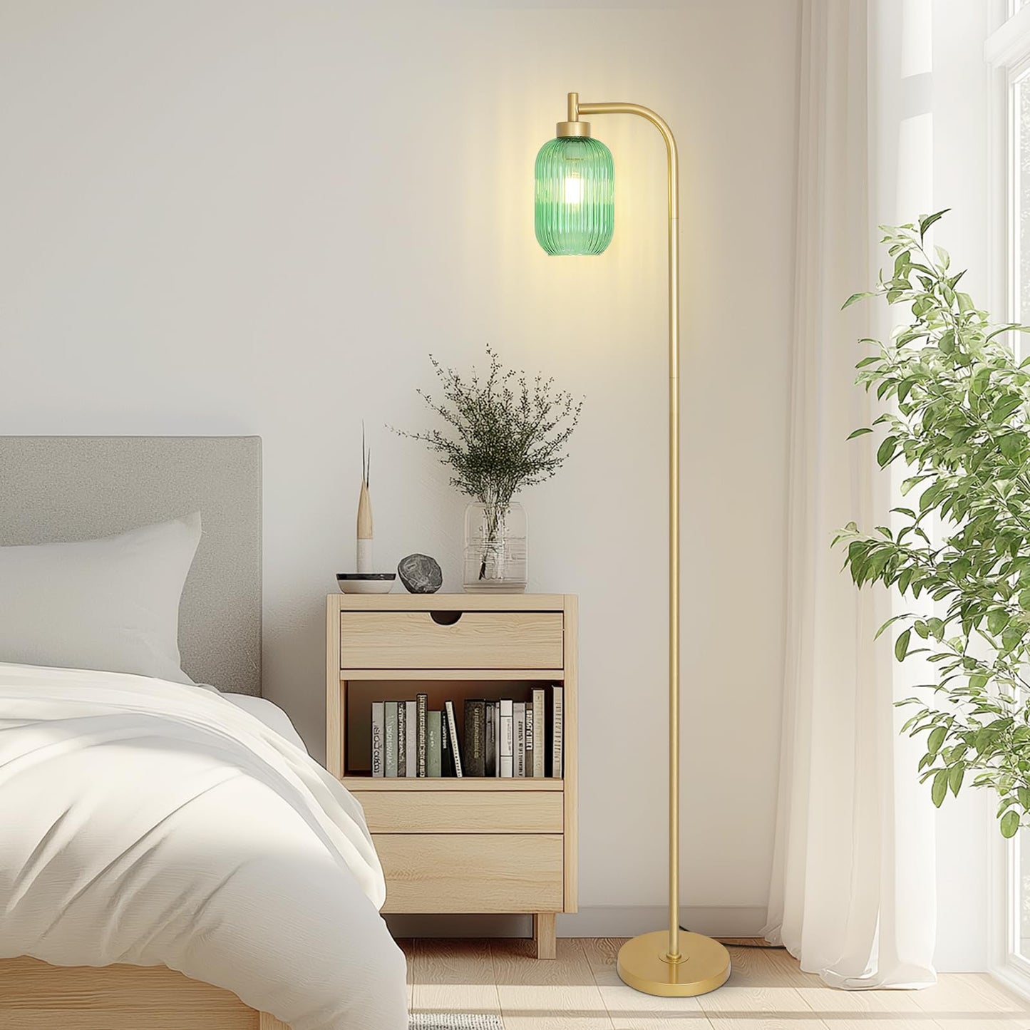 LAMSU Glass Floor Lamp - Modern Gold Standing Lamp with Green Stripe Glass Shade, Foot Switch, Vintage Brass, Model 250407A1