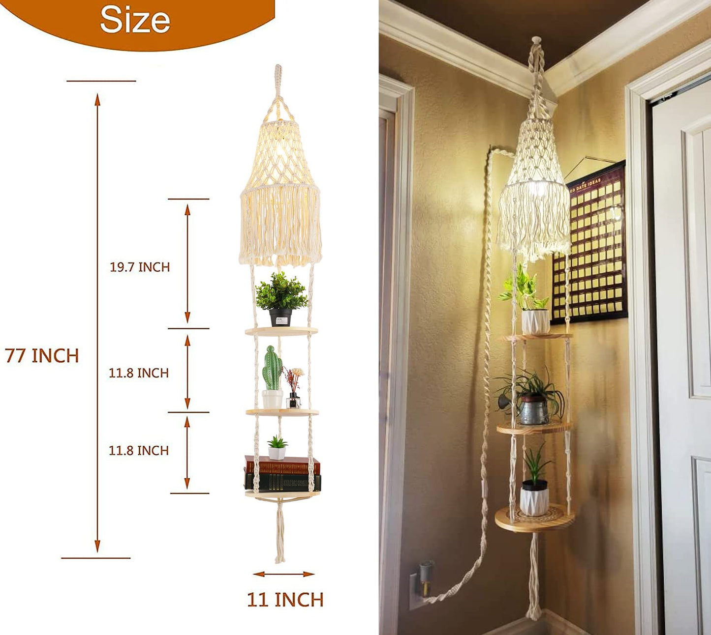 QIYIZM Boho Pendant Light with Plug-in Cord, Dimmable Switch, Macrame Shade, Indoor Hanging Lamp, White, Boho Hanging Light