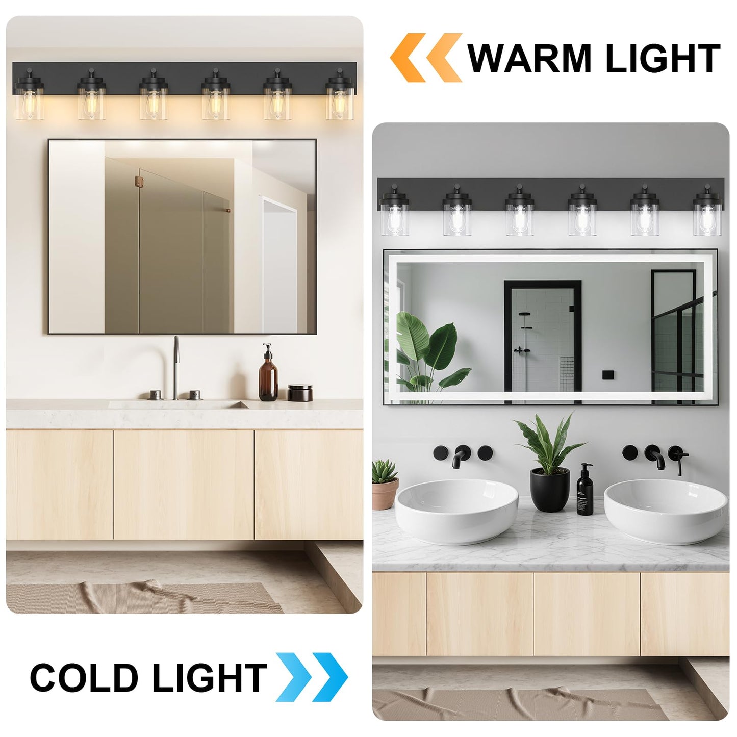 Izorro Bathroom Vanity Light Fixture 6-Light 43 Inch Matte Black Bathroom Light Fixtures Over Mirror With Clear Glass Shade Modern Farmhouse Vanity Lights Rustic Restroom Lighting Fixtures