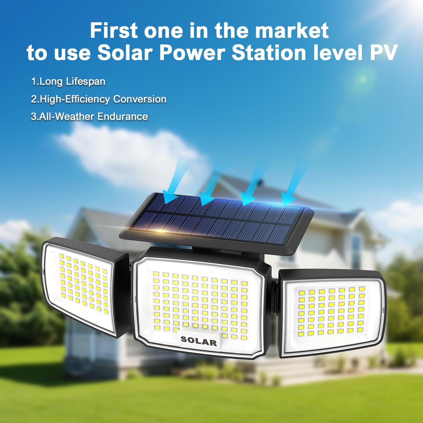 JEJOT Solar Security Light, Super Bright LED, Radar Motion Sensor, 3 Heads, IP65 Waterproof, 3 Modes, 3 Pack, Acrylonitrile Butadiene Styrene