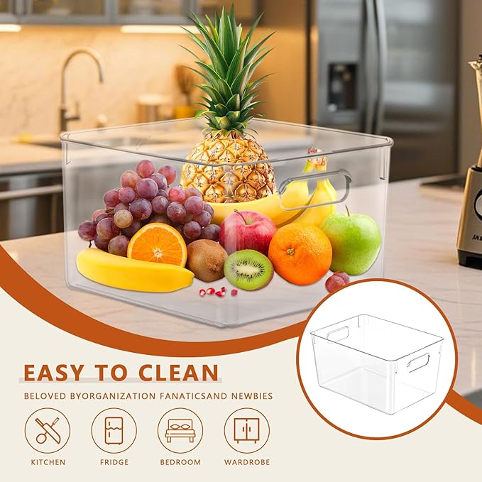 MOONEDGE Open Clear Plastic Storage Bins Stackable Organizer Containers with Handles for Kitchen, Pantry, Fridge, Cabinet, Closet Storage & Home Organization 6 Pack(11 x 8 x 6 in)